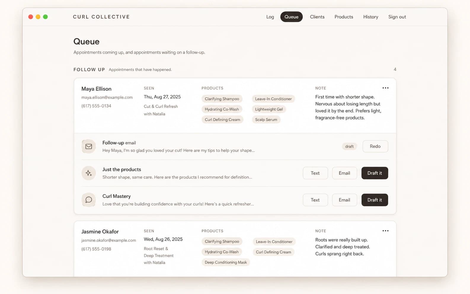 Curl Collective queue with appointment notes, product recommendations and follow-up drafts using sample client records